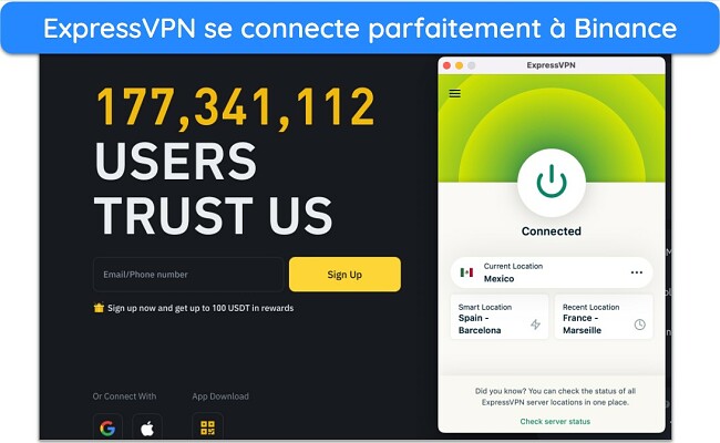 Capture d'&eacute;cran montrant le site web mondial de Binance aux c&ocirc;t&eacute;s de l'application ExpressVPN