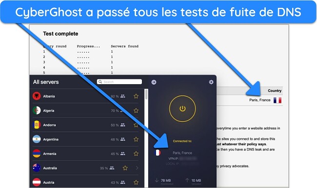 Masque sur fond noir avec des motifs de test de fuite DNS, illustrant le processus de s&eacute;curisation de l'acc&egrave;s &agrave; Binance via CyberGhost